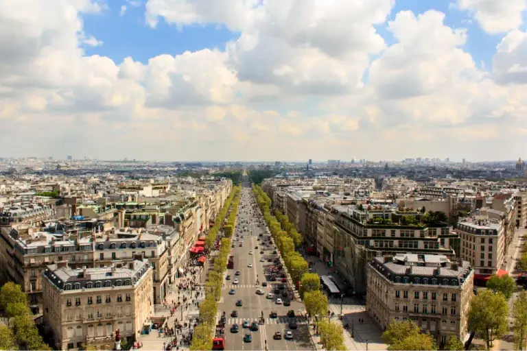 Panoramic view of the avenue des Champs Elys?es and parisian rooftops from the top of the Arc de Triomphe.